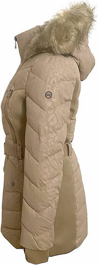 Logo Leopard Belted Hood Puffer Coat