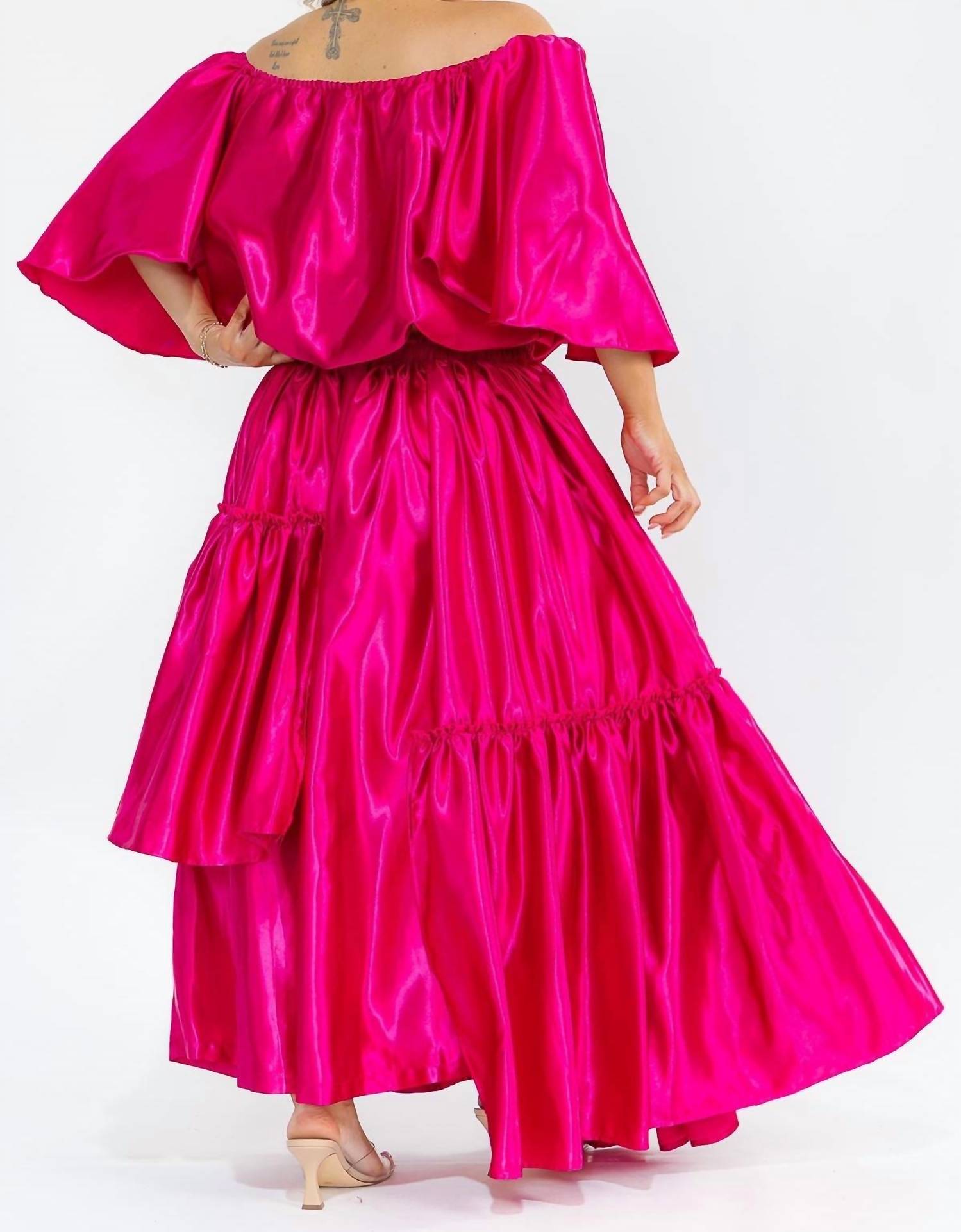 Karen T Design - Off Shoulders Crop Top And Asymmetric Ruffled Skirt Set