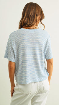 MIOU MUSE Women's Slub Short Sleeve Tee in blue stripe - women's t-shirt - detail view