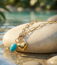 Knotty Bling - Women's Turquoise Stone And Heart Charm Necklace