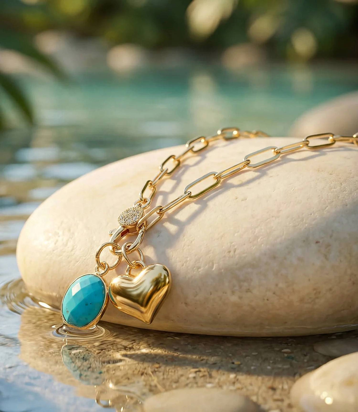 Knotty Bling - Women's Turquoise Stone And Heart Charm Necklace