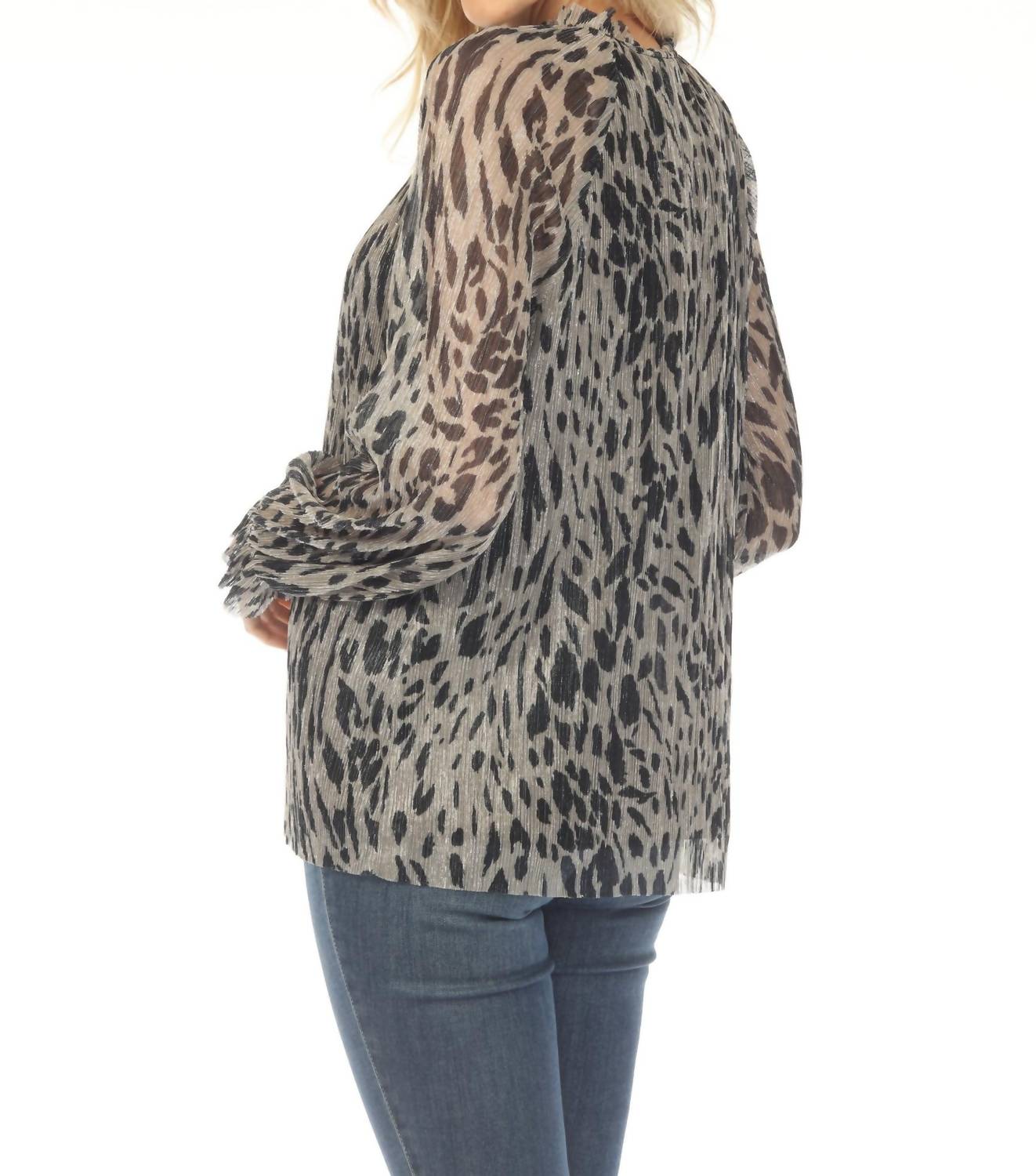 Joseph Ribkoff - Animal Print Pleated Metallic Mesh Blouse