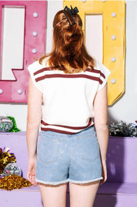 QUEEN OF SPARKLES Striped A&m Collie Dog Short Sleeve Top in maroon white - women's t-shirt - alternate view