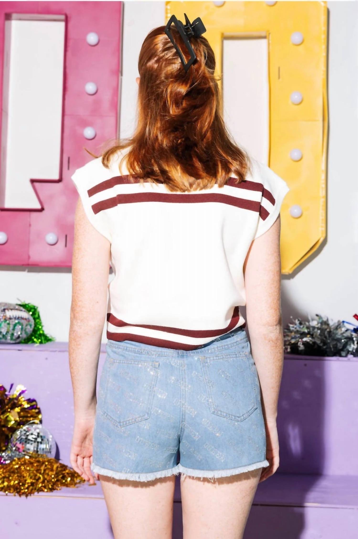 QUEEN OF SPARKLES Striped A&m Collie Dog Short Sleeve Top in maroon white - women's t-shirt - alternate view