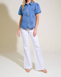 FLYING TOMATO Selena Floral Print Washed Denim Top in medium blue - women's blouse