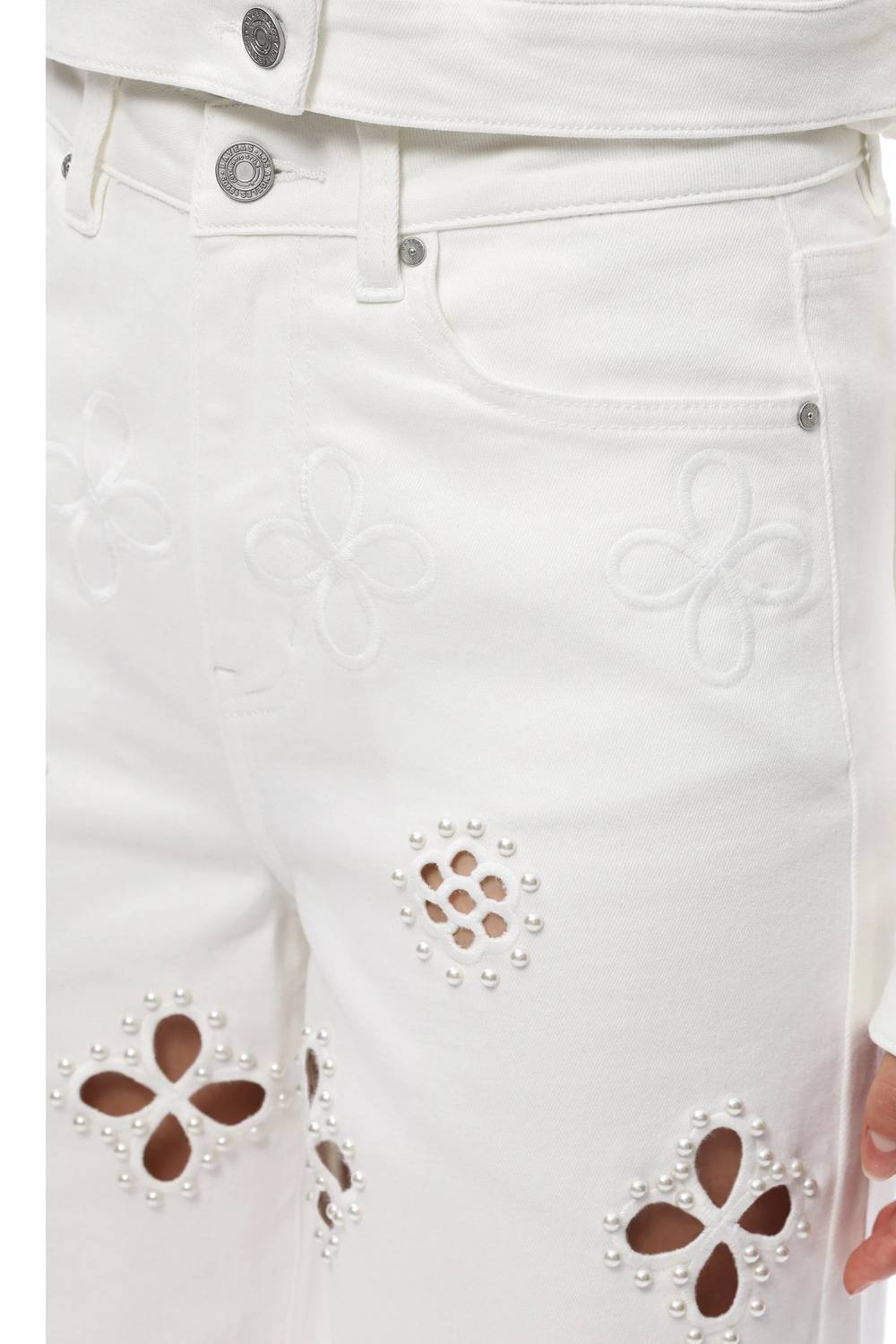 Bayeas - Eyelet And Pearl Embellished High Rise Straight Jeans