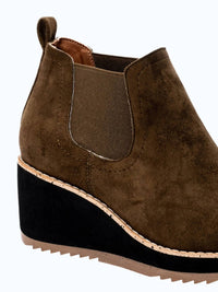 Corkys Footwear Women's Love You A Latte Wedge Bootie in khaki faux suede - women's shoe - detail view