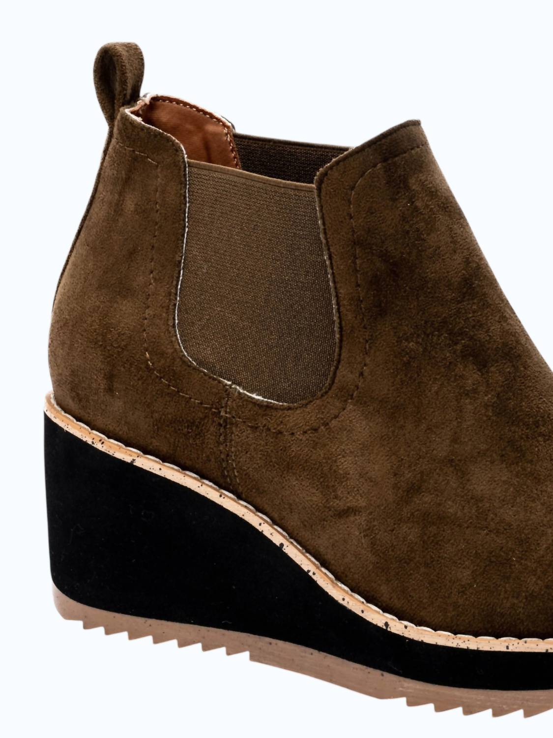 Corkys Footwear Women's Love You A Latte Wedge Bootie in khaki faux suede - women's shoe - detail view