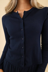 Sundry Luxe Rib Knit Button Down Top in deep navy - women's long sleeve top - detail view