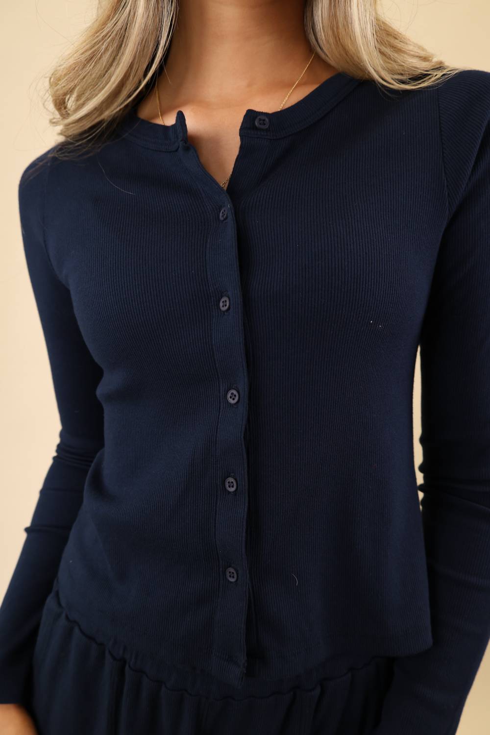 Sundry Luxe Rib Knit Button Down Top in deep navy - women's long sleeve top - detail view