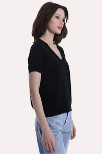 Minnie Rose - Short Sleeve Frayed V-neck Top