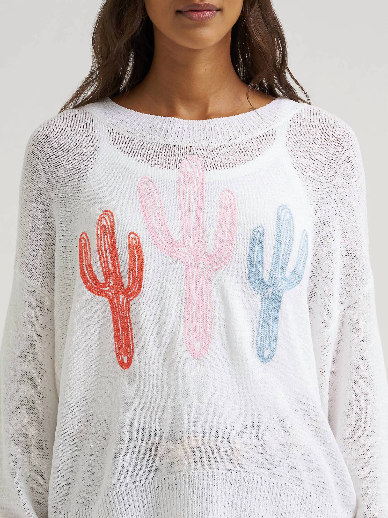 Wrangler Retro Americana Spring Cacti Crew Sweater in white - women's sweater - alternate view