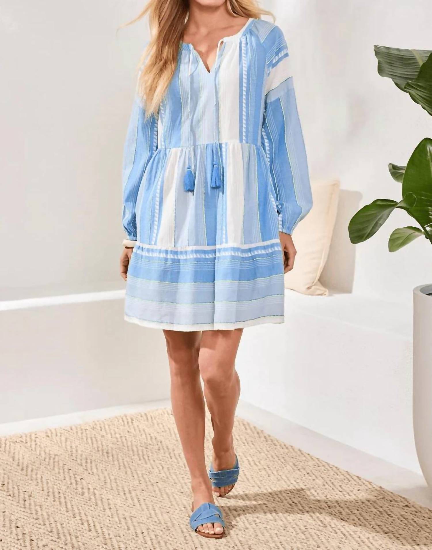Tribal - Jacquard Balloon Sleeves Tiered Mini Dress