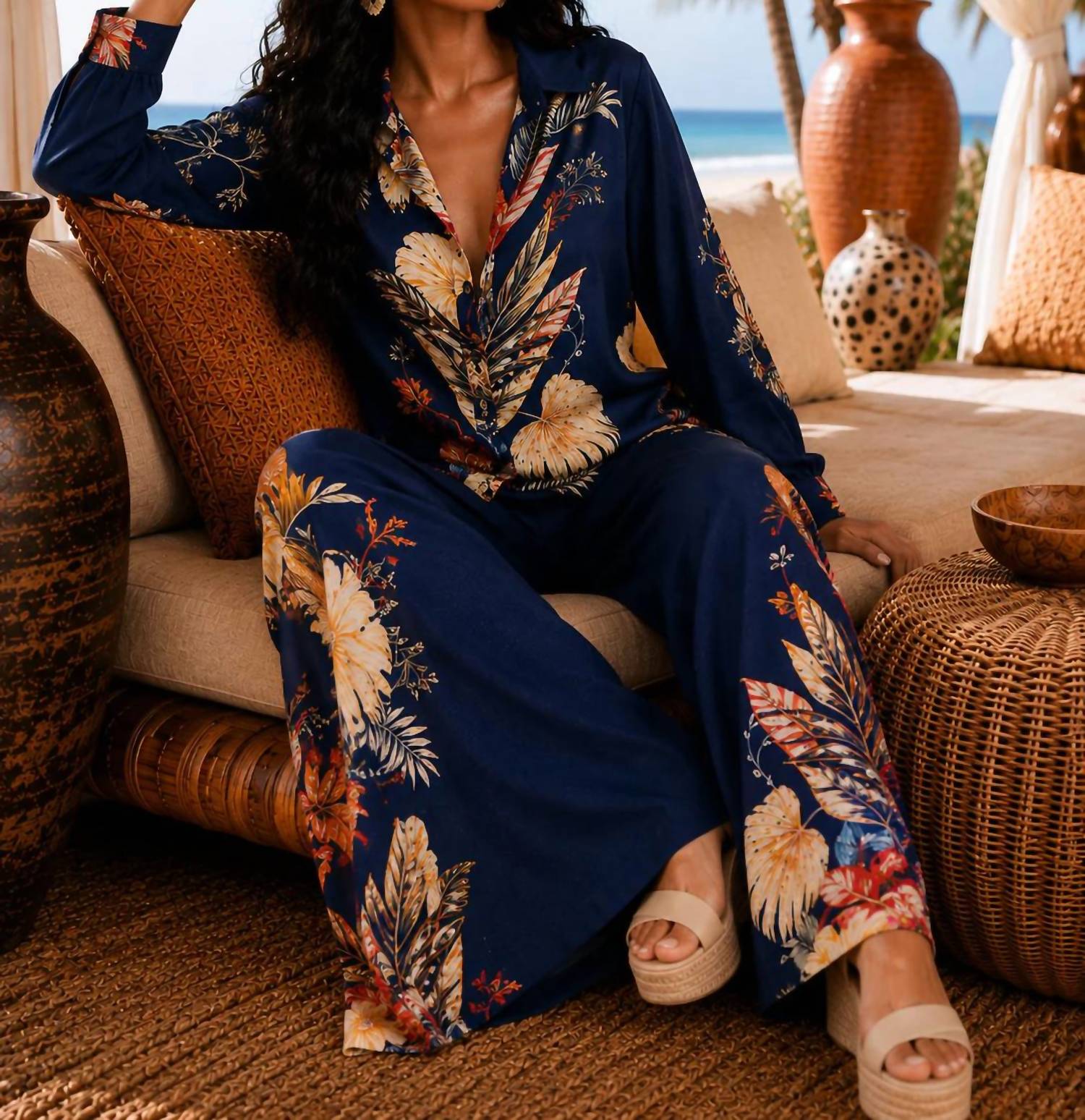 Little Secret Of Mine - Tropical Leaf Wide Leg Pant Set