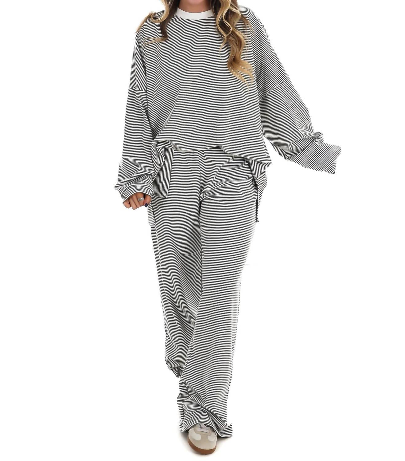 Things Between Made For More Striped Oversized Top in charcoal - women's sweater - alternate view