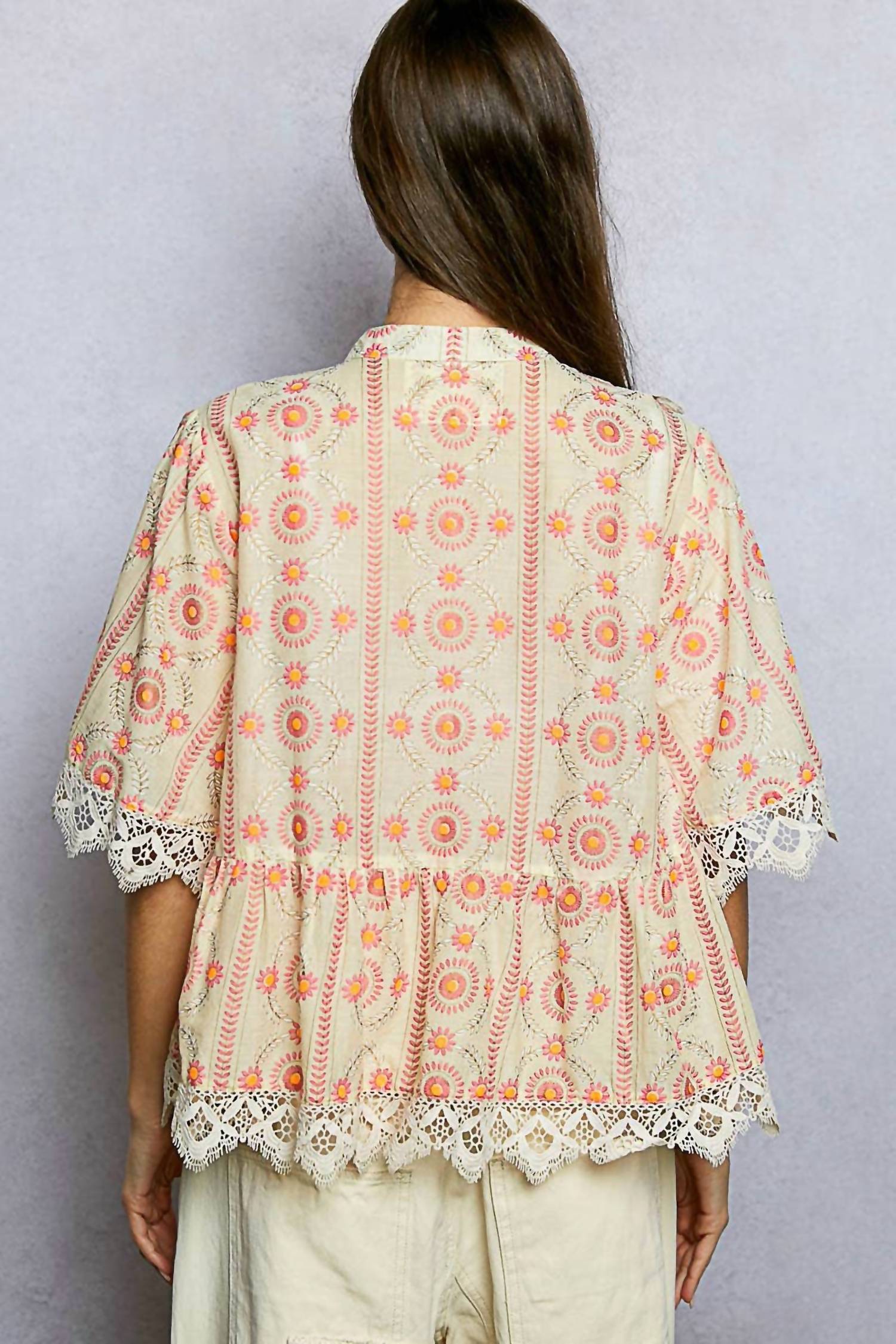 Pol - Floral Embroidered Lace Trim Print Light Blouse Top