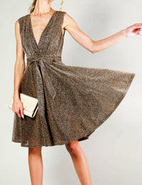 Vine & Love Surplice V-neck Sleeveless Tie Waist Dress in bronze - women's dress