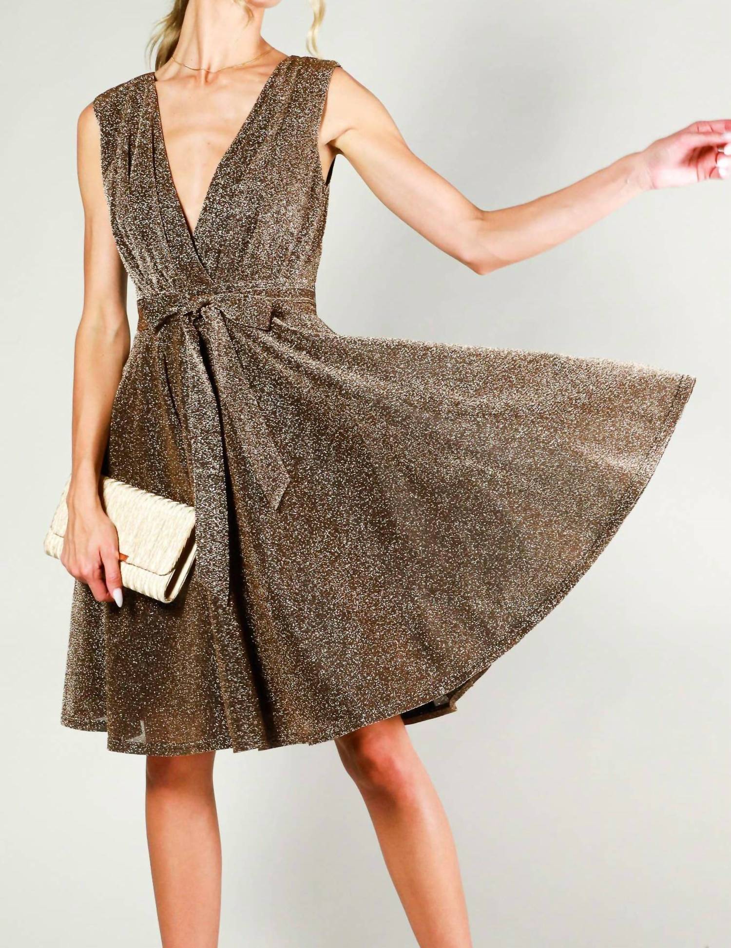 Vine & Love Surplice V-neck Sleeveless Tie Waist Dress in bronze - women's dress