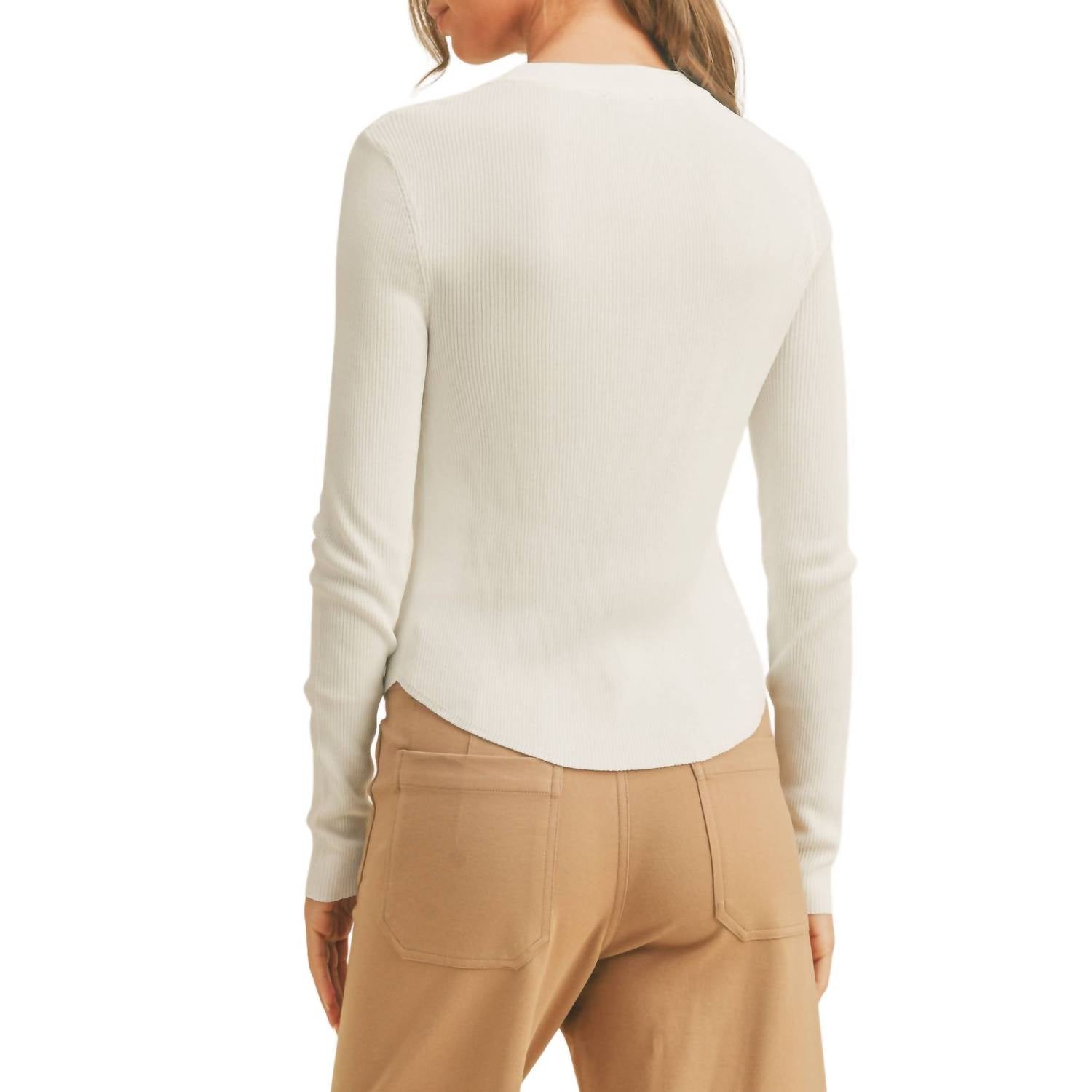 MIOU MUSE Ribbed Long Sleeve Basic Top in white - women's long sleeve top - detail view