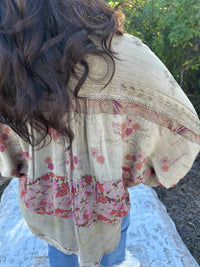 Young Threads Floral Embroidered Patchwork Top in khaki pink - women's blouse - alternate view