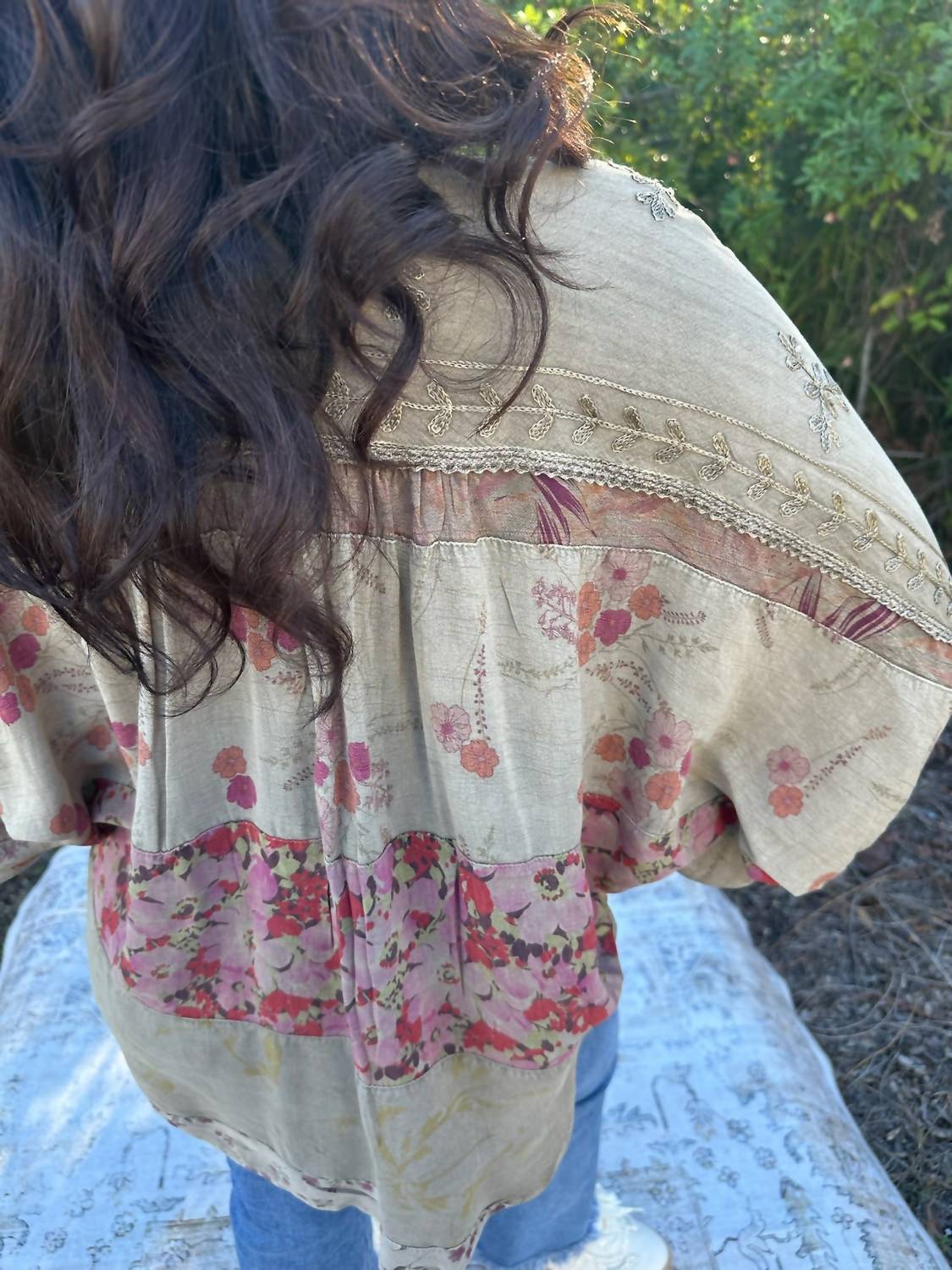Young Threads Floral Embroidered Patchwork Top in khaki pink - women's blouse - alternate view