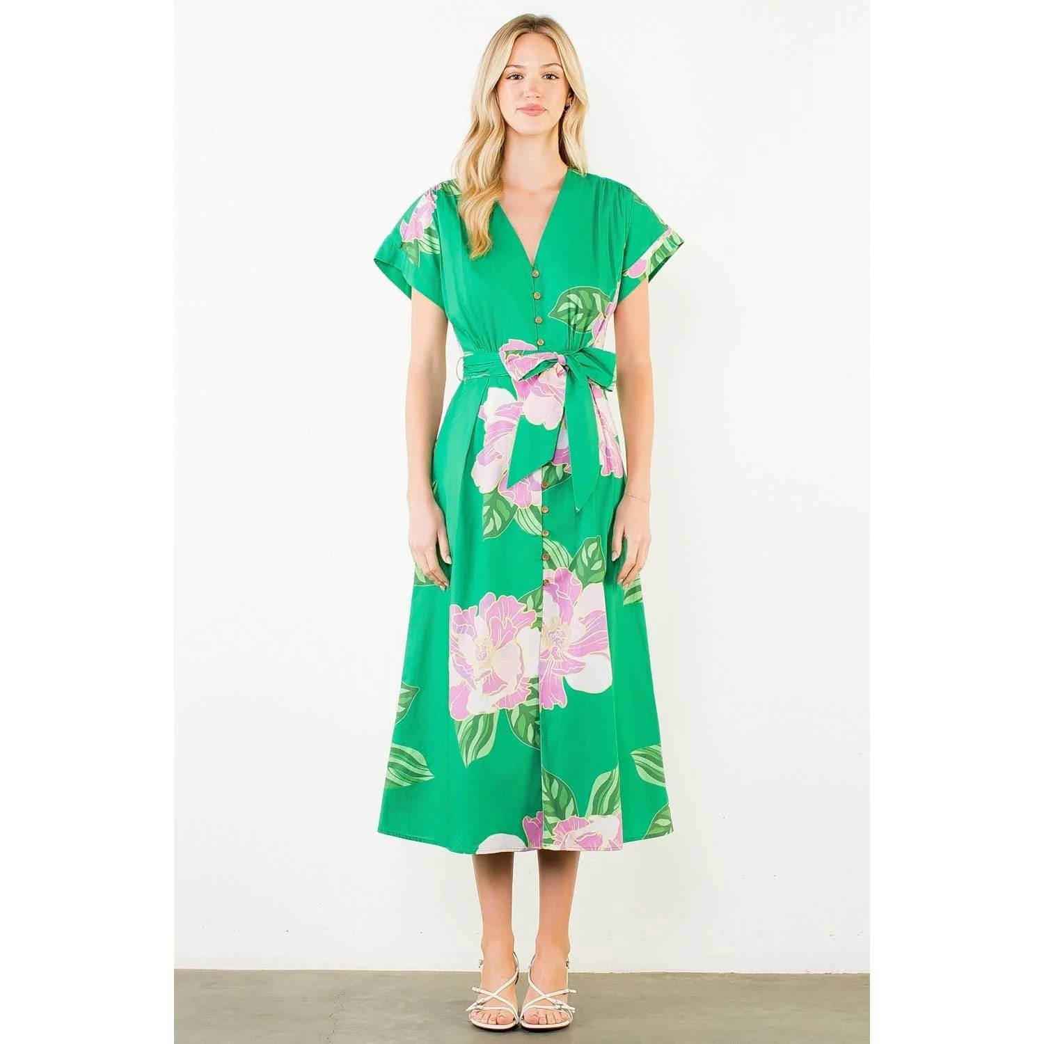 Thml - Floral V-neck Belt Midi Dress