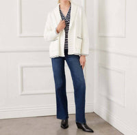 Karen Kane Contrast Stitch Open Front Cardigan Sweater in off white with navy - women's cardigan - view 5