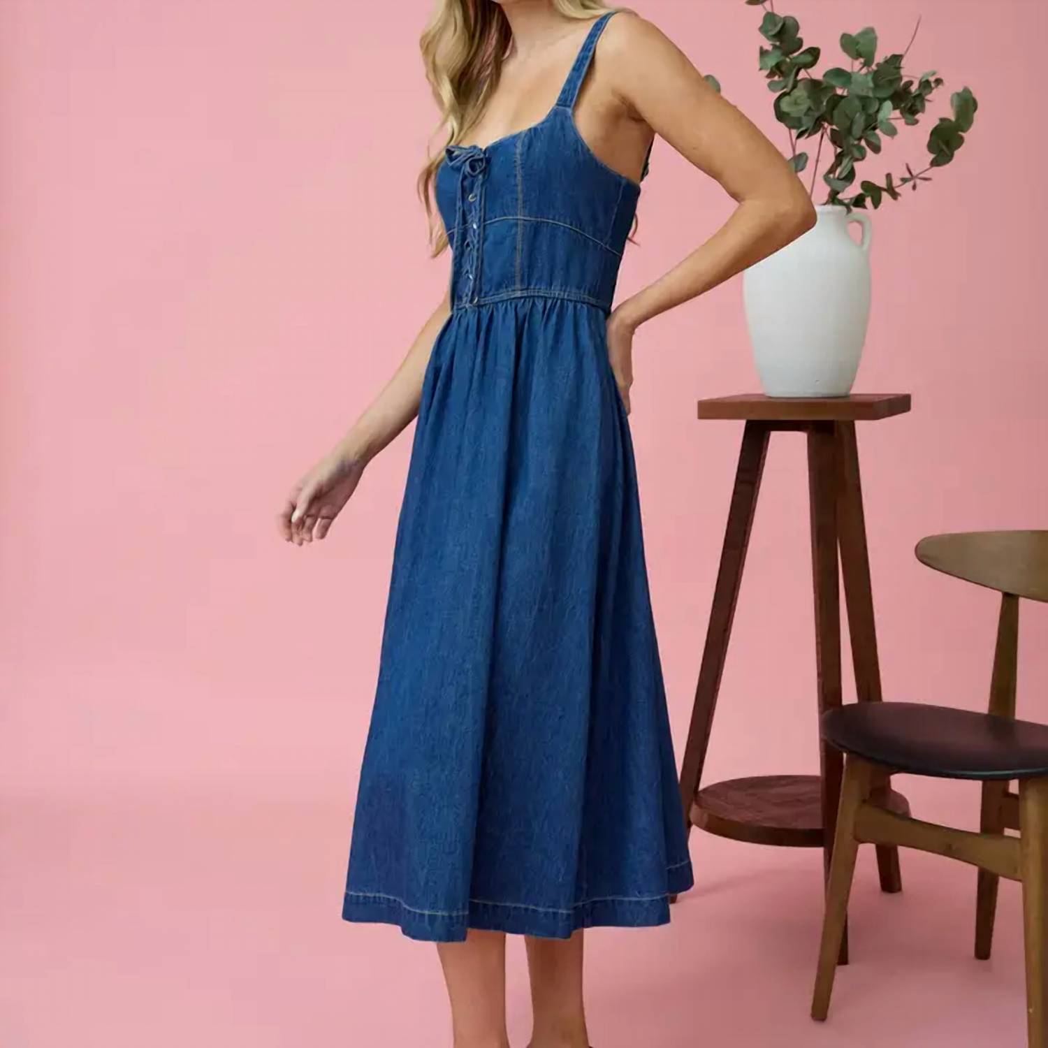 Blu Pepper Sleeveless Lace-Up Denim Midi Dress - Denim