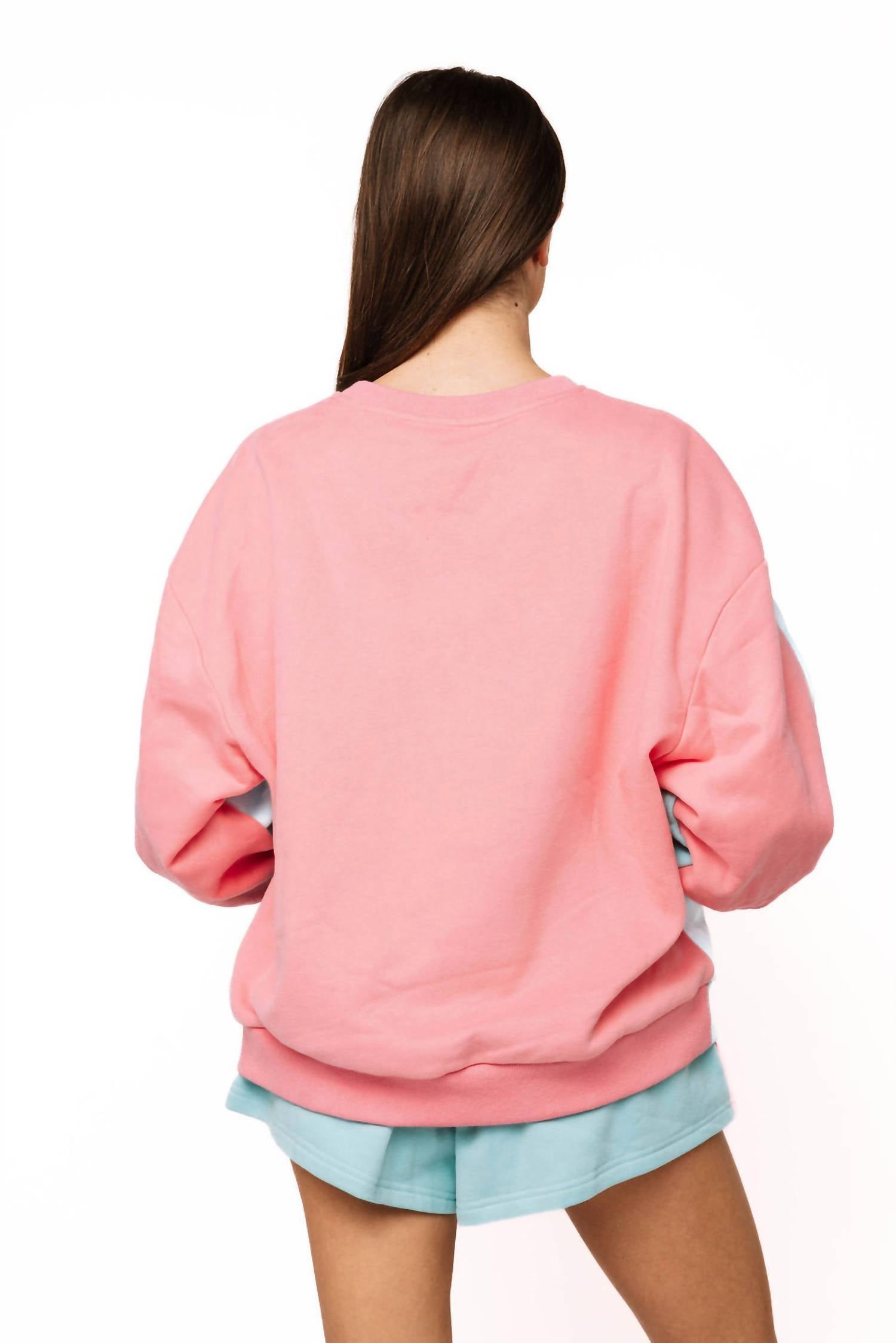 QUEEN OF SPARKLES Colorblock Logo Card Sweatshirt in aqua pink - women's top - alternate view