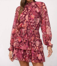 Fate Chiffon Floral Lurex Smocked Waist Dress in wine - women's dress