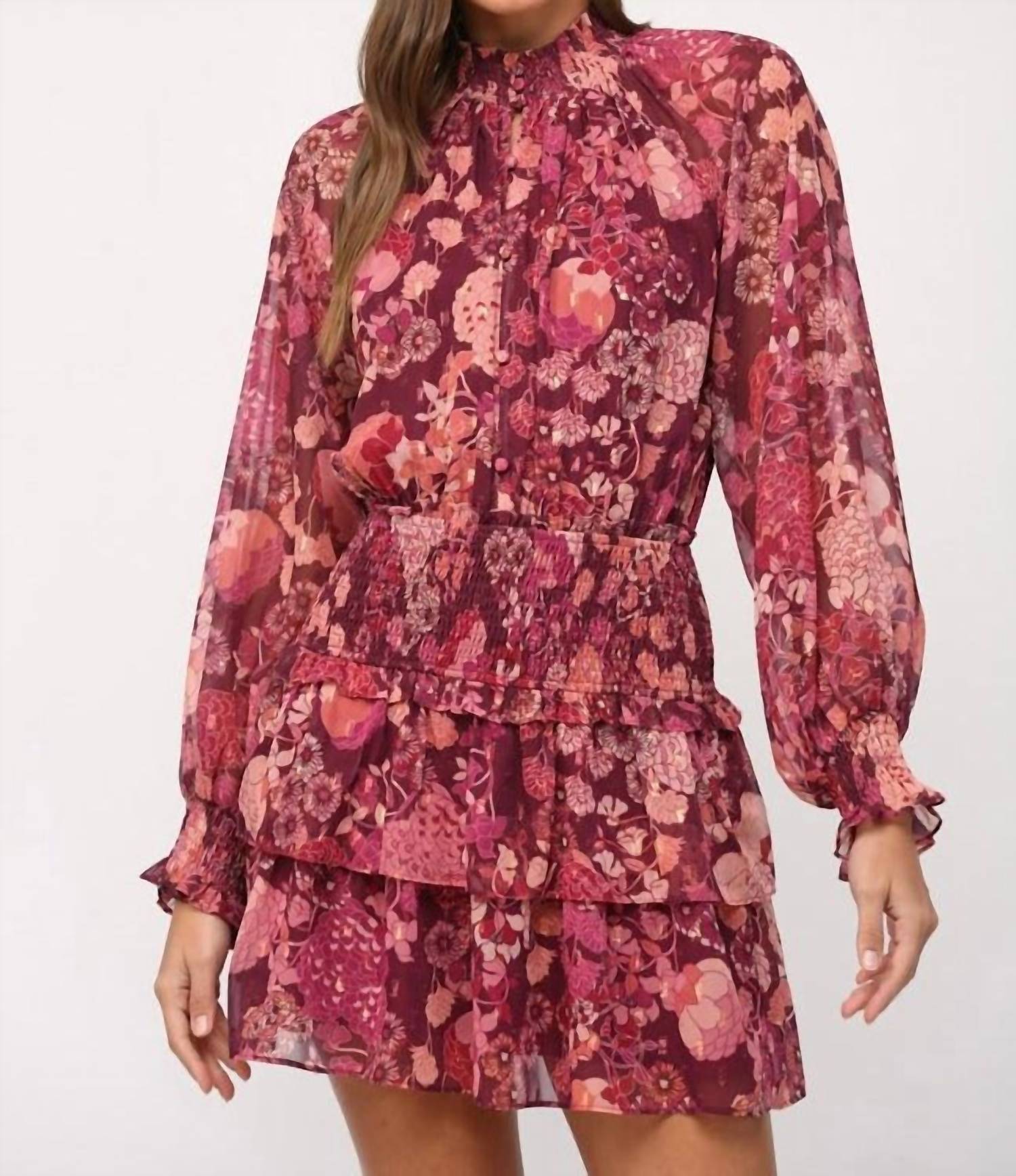 Fate Chiffon Floral Lurex Smocked Waist Dress in wine - women's dress
