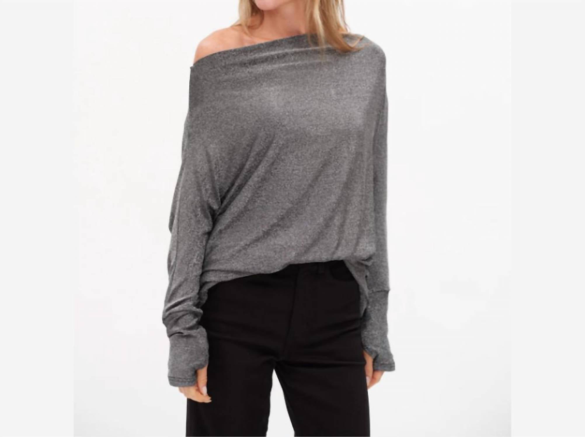 SIX/FIFTY Anywhere Holiday Off Shoulder Top in silver lurex - women's sweater - detail view