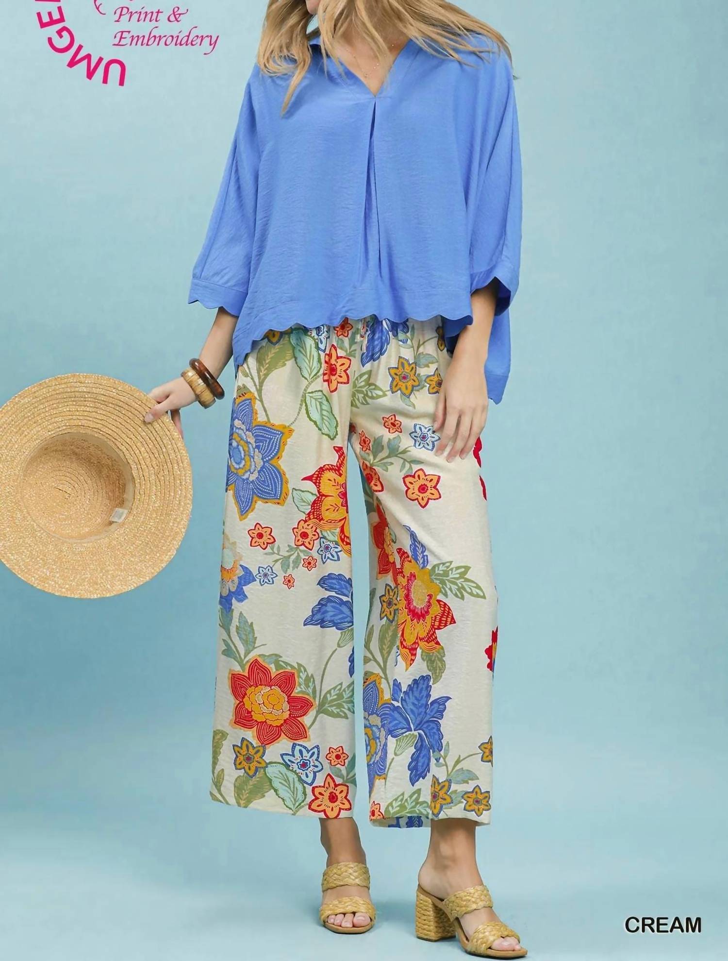 Umgee - Floral Print Wide Leg Crop Pants
