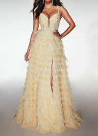 Alyce Paris - Long Plunging Neckline Ruffled A-line Gown