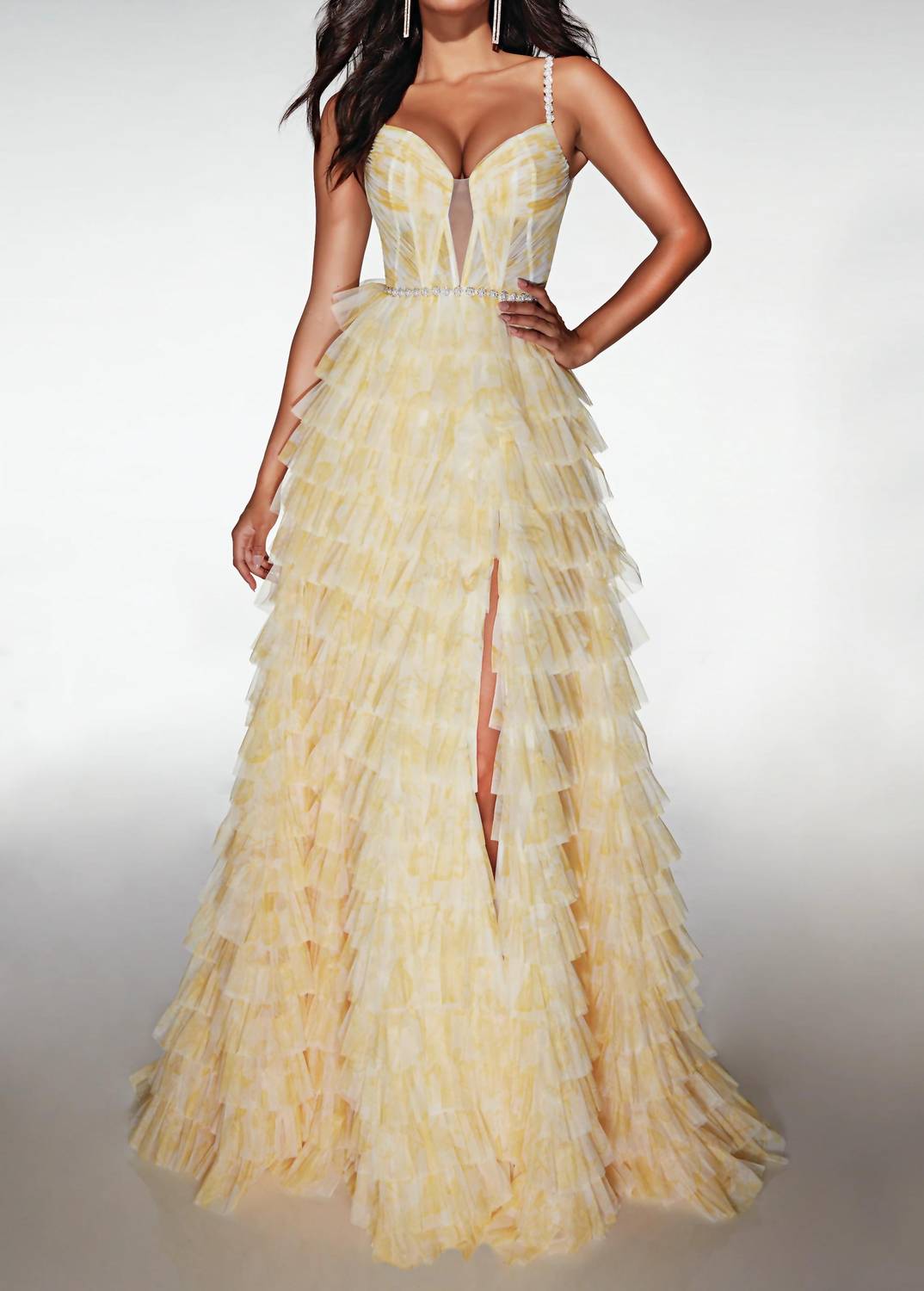 Alyce Paris - Long Plunging Neckline Ruffled A-line Gown