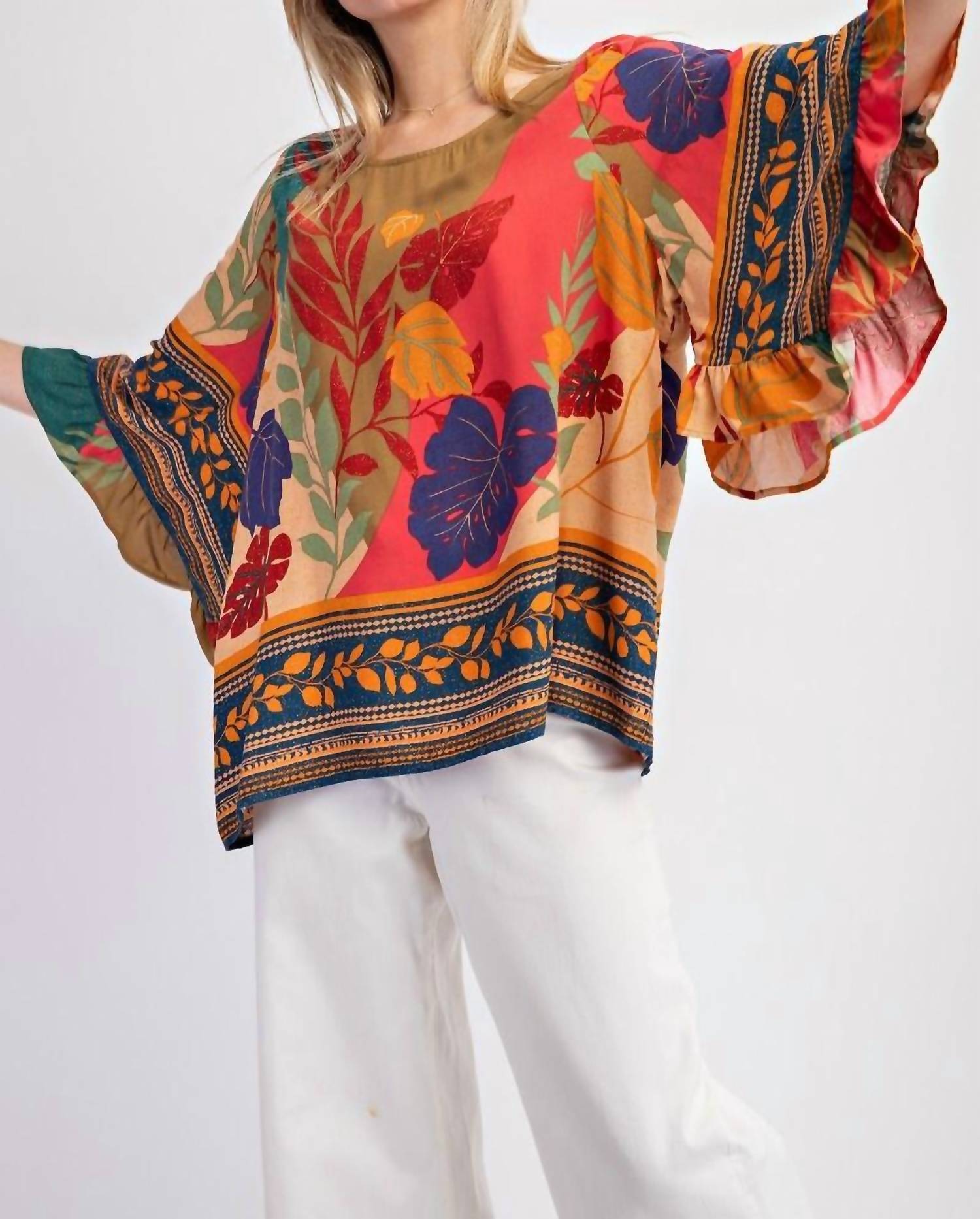Easel - Border Printed Rayon Challis Woven Top