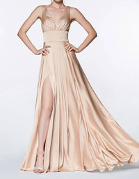 Cinderella Divine - Satin V-neck Dress With Slit