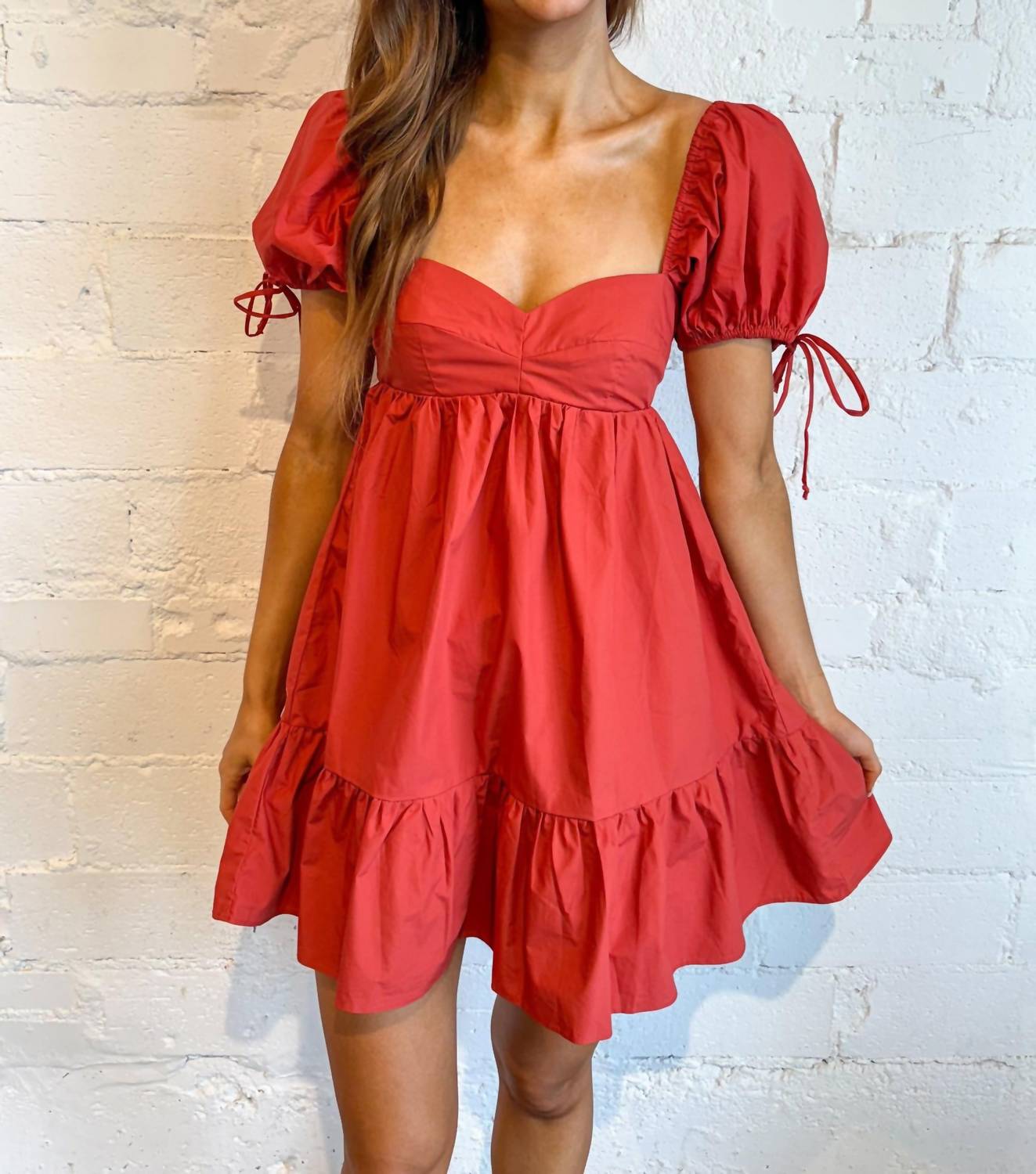 OLIVACEOUS The Babydoll Minidress in scarlet - women's dress - detail view