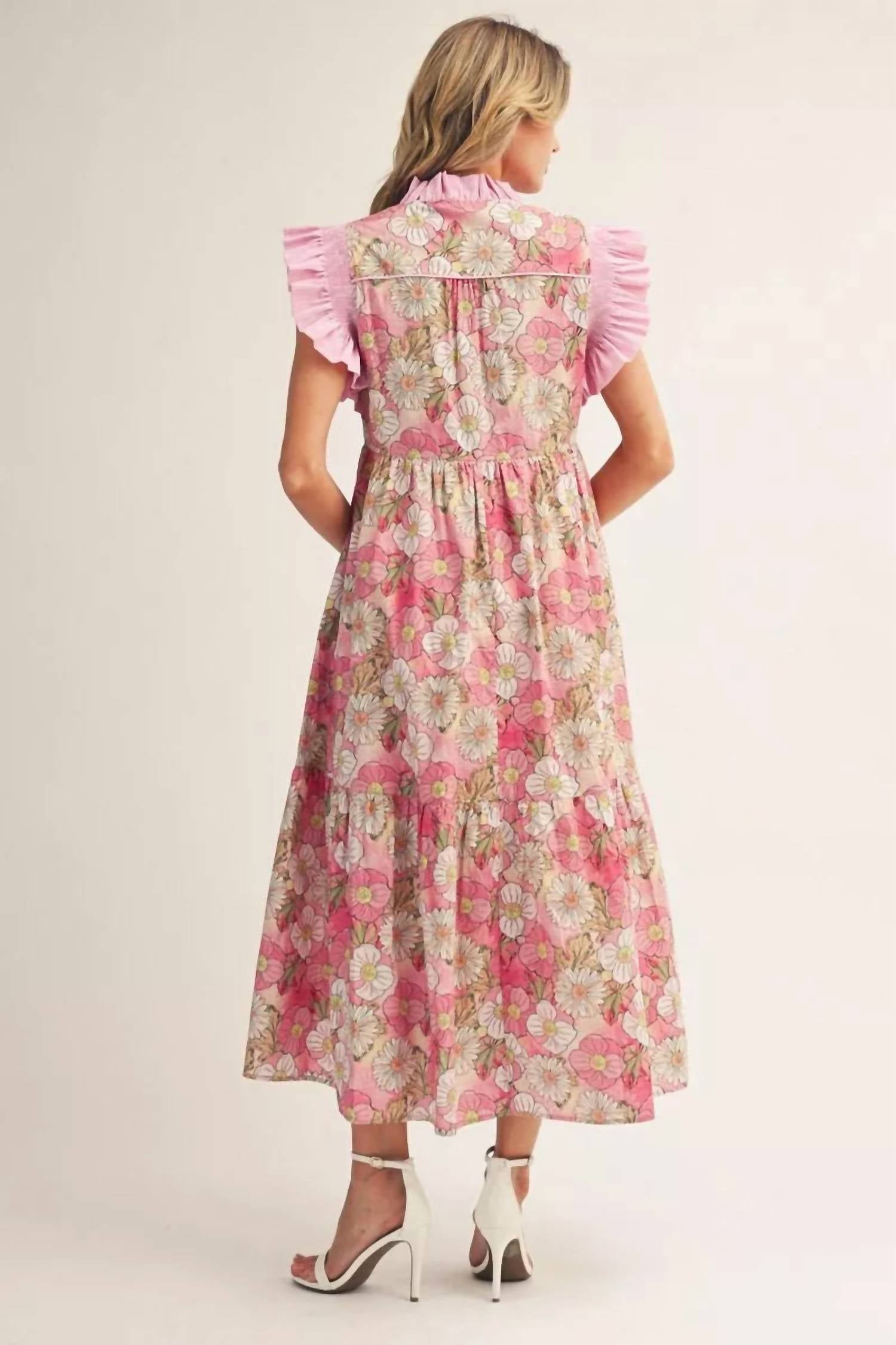 Jodifl Ruffled Cap Sleeves Floral Midi Dress in blushing bloom - women's dress - detail view