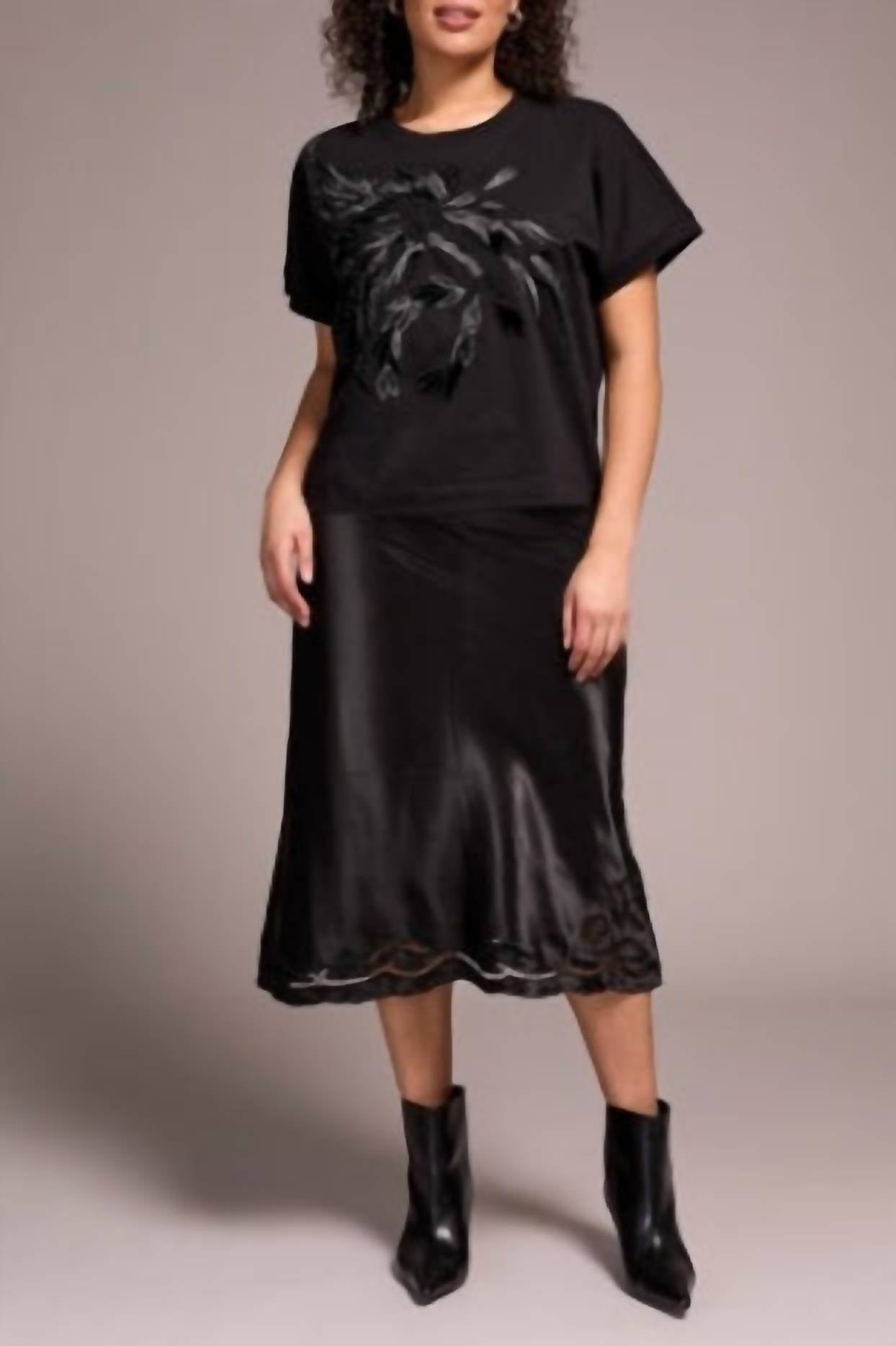 TRIBAL Crewneck Embroidery Top in onyx - women's t-shirt