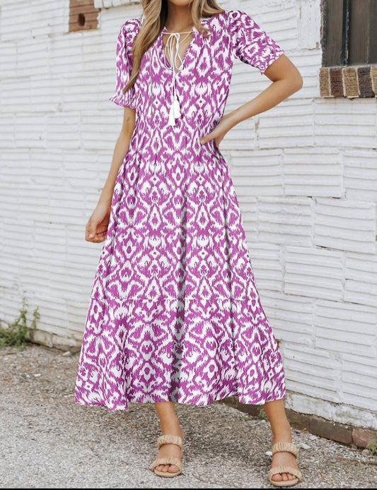 Dear Lover - Pink V-neck geometric print maxi dress