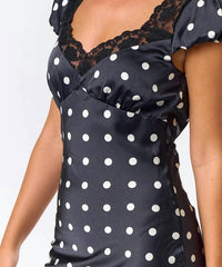 Blue Blush - Satin Polka Dot Lacy Maxi Dress