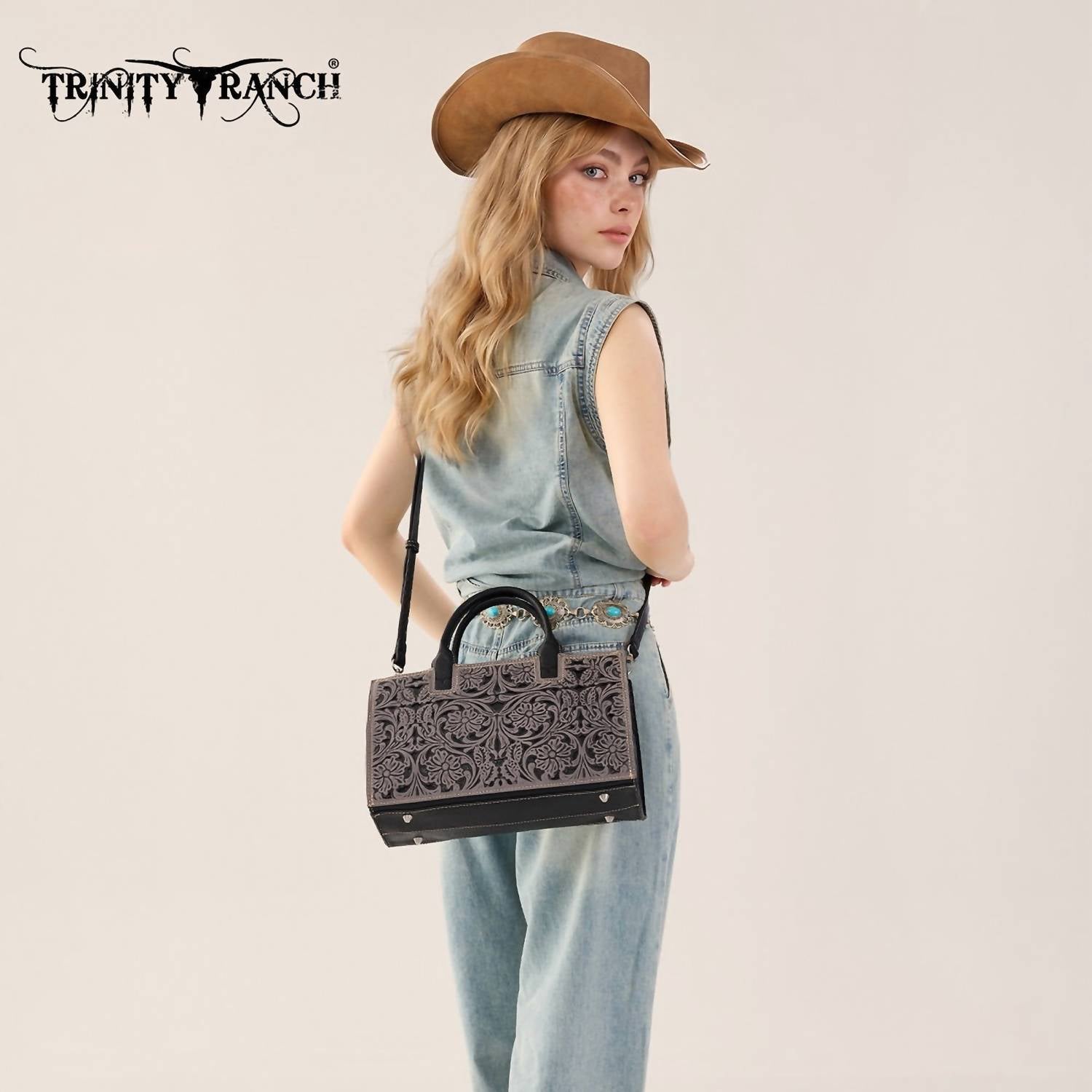 Trinity Ranch - Floral Tooled Leather Western Satchel Tote Bag