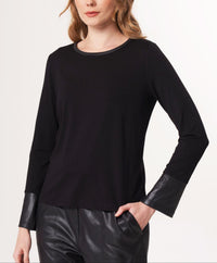 Angel Apparel Vegan Leather Trim Top in black - women's long sleeve top - alternate view