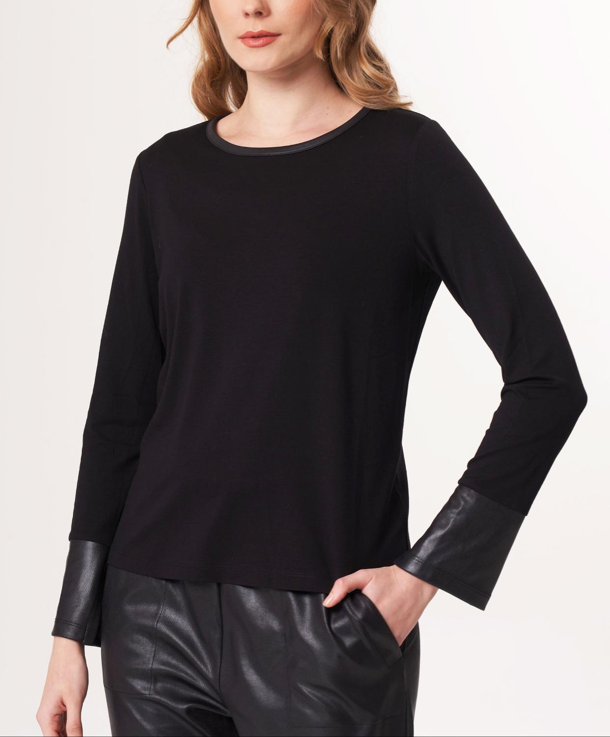 Angel Apparel Vegan Leather Trim Top in black - women's long sleeve top - alternate view