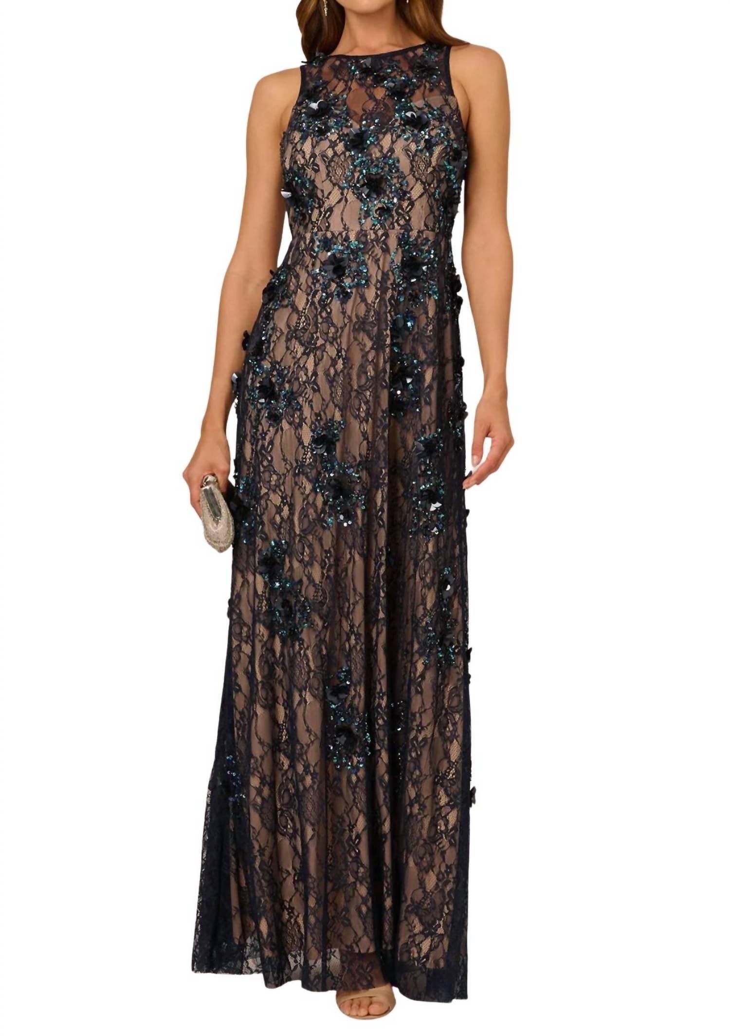 Adrianna Papell - Sequin Lace Overlay Sheath Gown Dress