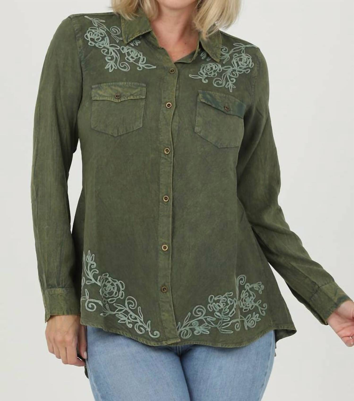 Nostalgia - Embroidered Hi Lo Button Up Shirt