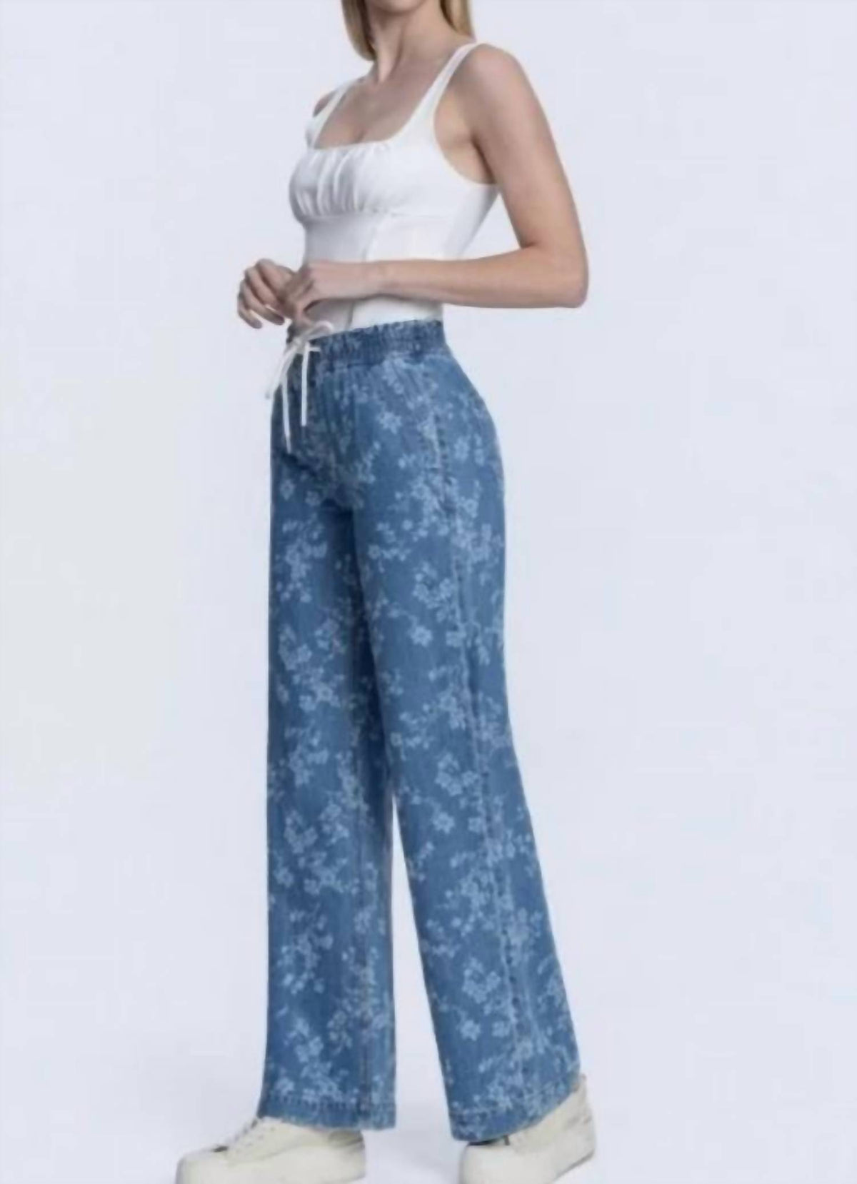 Vervet By Flying Monkey - Vintage Floral High Rise Drawstring Pull On Wide Leg Jeans