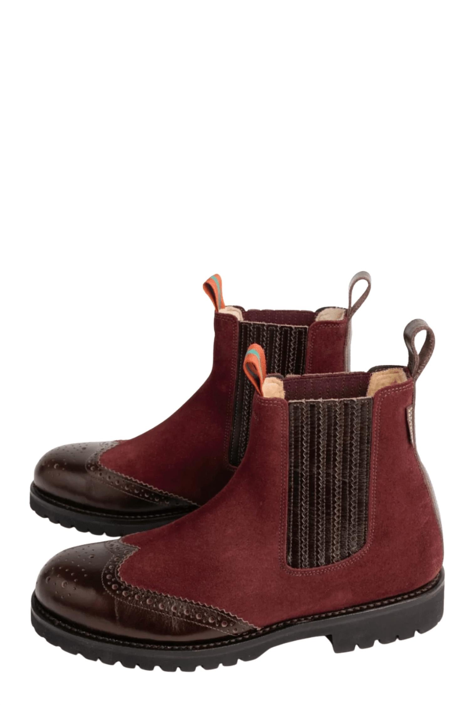 PENELOPE CHILVERS Women's Oscar Brogue-tip Wool-lined Boots in burgundy suede 1 - women's shoe