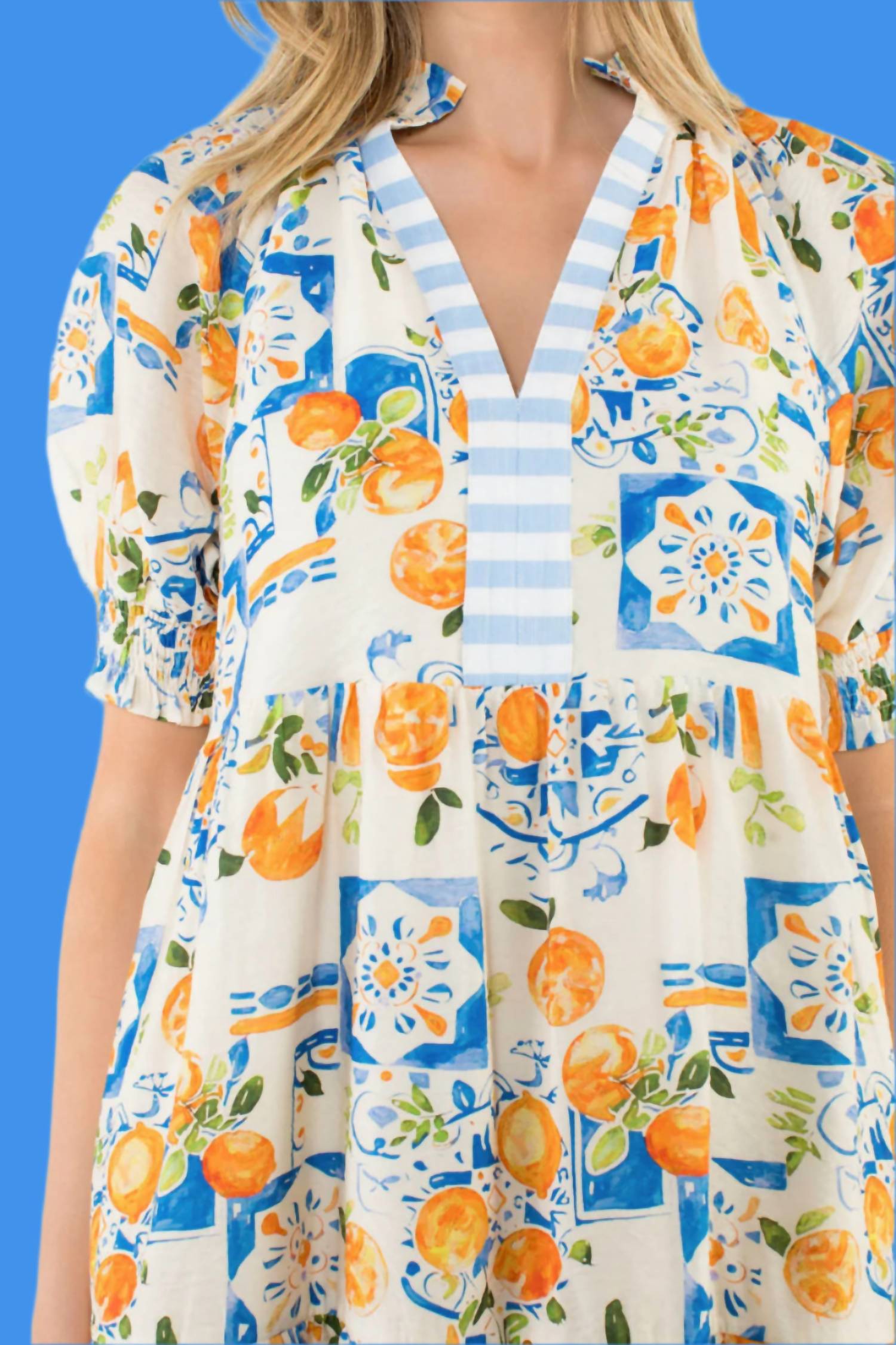Thml - Citrus Tile Print Puff Sleeve Mini Dress